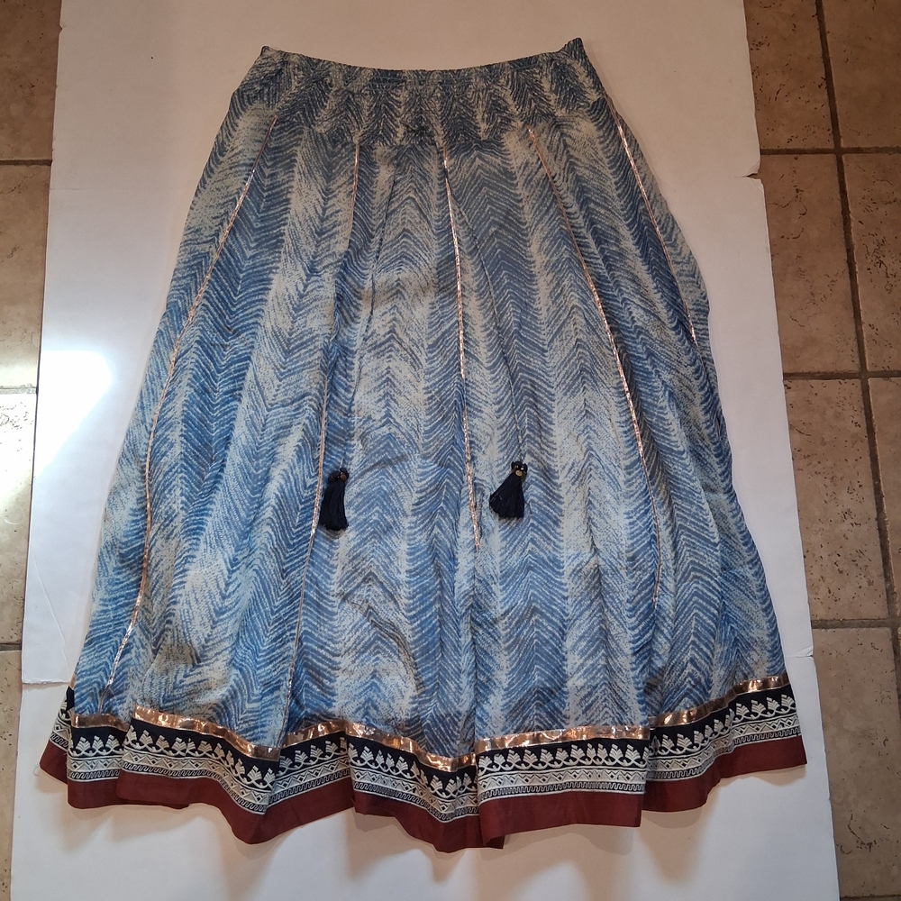 Soft Surroundings Blue and White Printed Maxi Skirt with Tassels